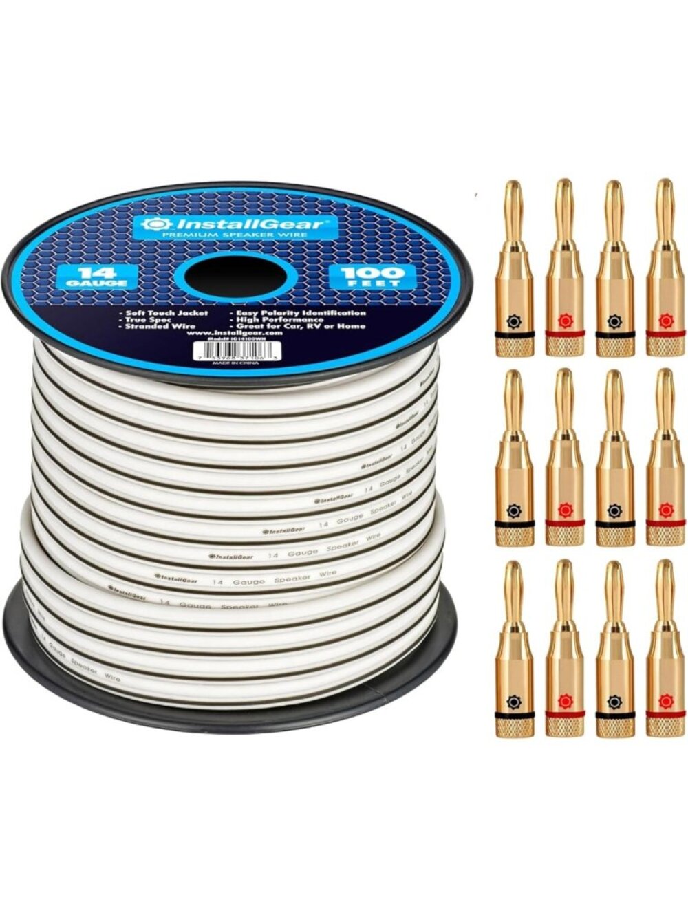 100ft 14 Gauge Speaker Wire with Banana Plugs - Outdoor, Automotive & Marine Use
